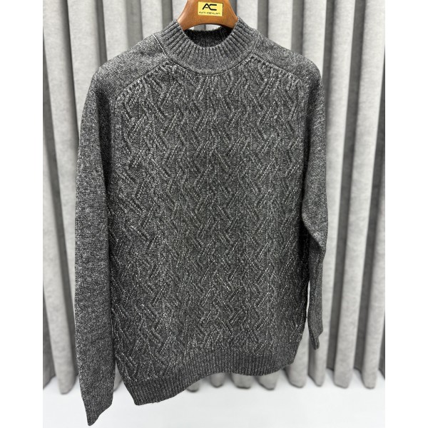 Erkek Modern Fit %50 Yünlü Dokuma Desen Triko Kazak