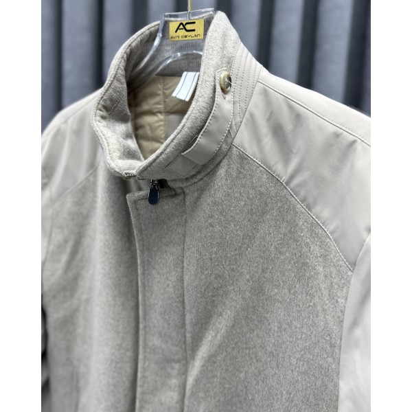 Erkek Premium Bej Garnili Kaşe Bomber Mont