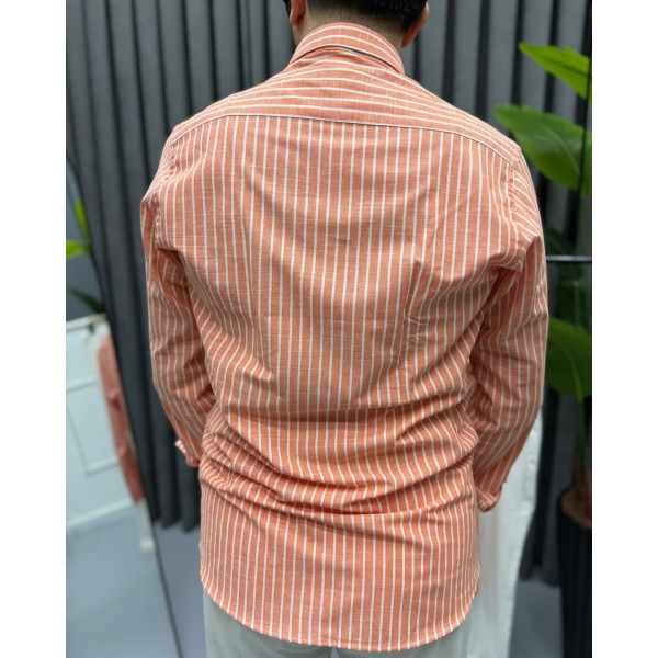 Erkek Modern Fit Nar Çiçeği Çizgili Pamuk-Keten Gömlek