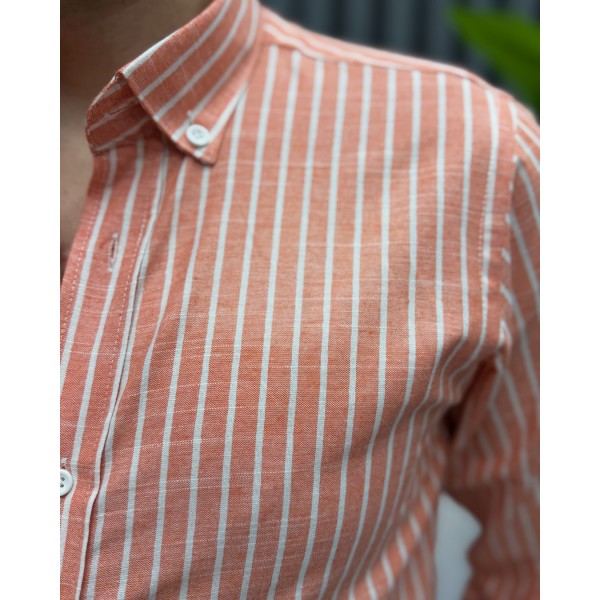 Erkek Modern Fit Nar Çiçeği Çizgili Pamuk-Keten Gömlek