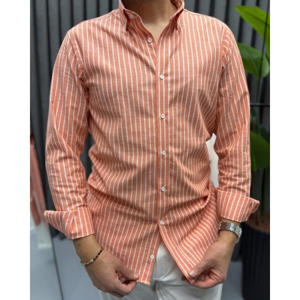 Erkek Modern Fit Nar Çiçeği Çizgili Pamuk-Keten Gömlek