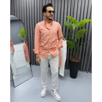 Erkek Modern Fit Nar Çiçeği Çizgili Pamuk-Keten Gömlek