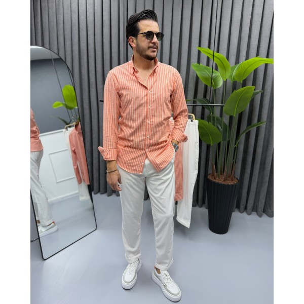 Erkek Modern Fit Nar Çiçeği Çizgili Pamuk-Kete...