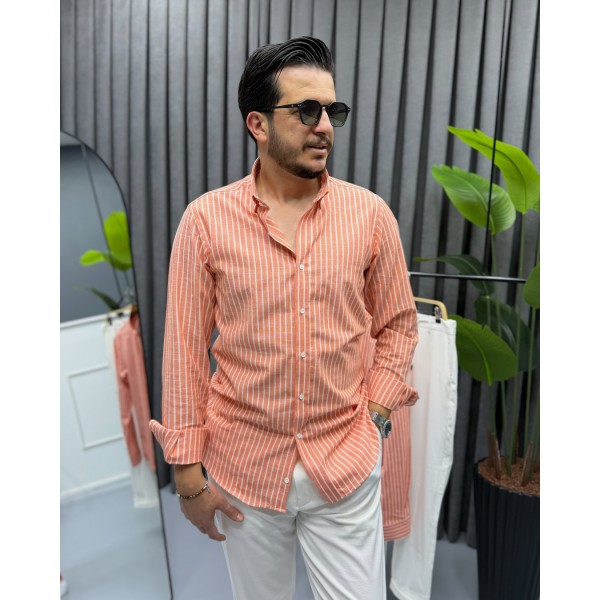 Erkek Modern Fit Nar Çiçeği Çizgili Pamuk-Keten Gömlek