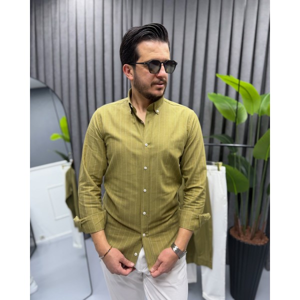 Erkek Modern Fit Yeşil  Çizgili Pamuk-Keten Gömlek