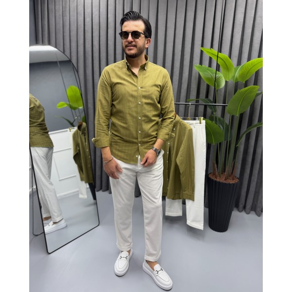 Erkek Modern Fit Yeşil  Çizgili Pamuk-Keten Gö...