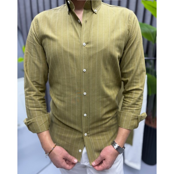 Erkek Modern Fit Yeşil  Çizgili Pamuk-Keten Gömlek