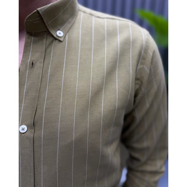 Erkek Modern Fit Yeşil  Çizgili Pamuk-Keten Gömlek