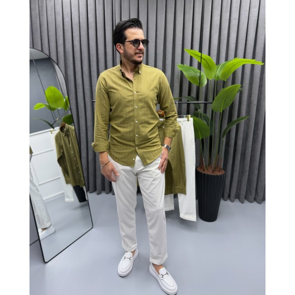 Erkek Modern Fit Yeşil  Çizgili Pamuk-Keten Gömlek