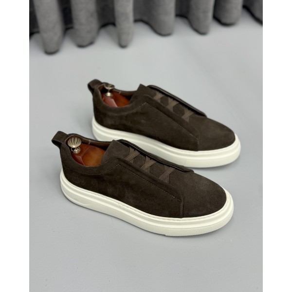 Erkek Premium Kahverengi Süet Bağcıksız Casual Sneaker