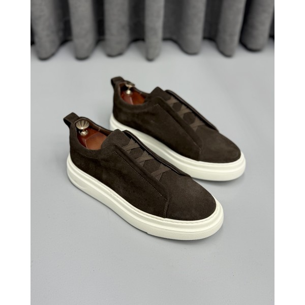 Erkek Premium Kahverengi Süet Bağcıksız Casual Sneaker