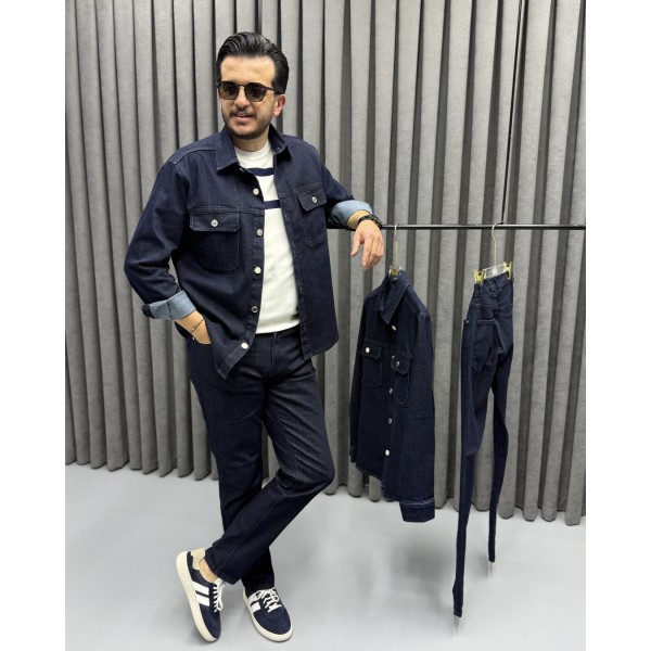 Erkek Premium Dark Blue Jean Takım Ceket