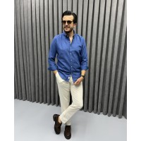 Erkek İndigo Mavi Nakış Detaylı Modern Gömlek 
