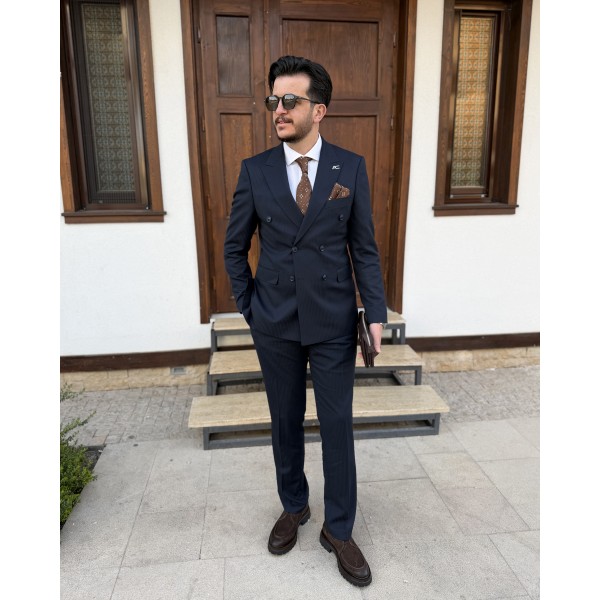 Erkek Exclusive Pinstripe Kruvaze Takım Elbise