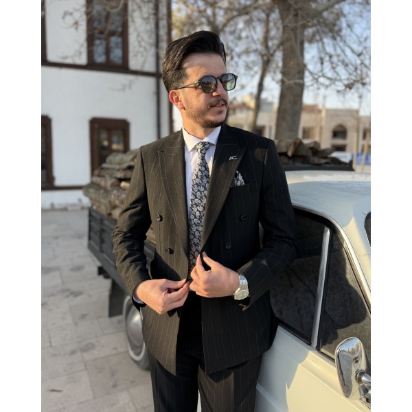 Erkek Modern Çizgili Gofre Kumaş Kruvaze Takım Elbise 