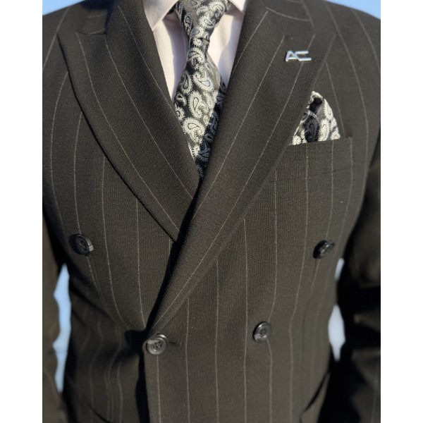 Erkek Modern Çizgili Gofre Kumaş Kruvaze Takım Elbise 