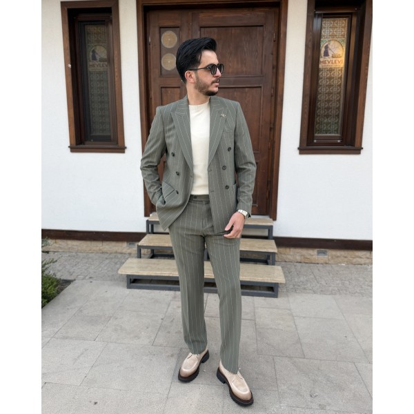 Erkek Modern Çizgili Gofre Kumaş Kruvaze Takım Elbise 