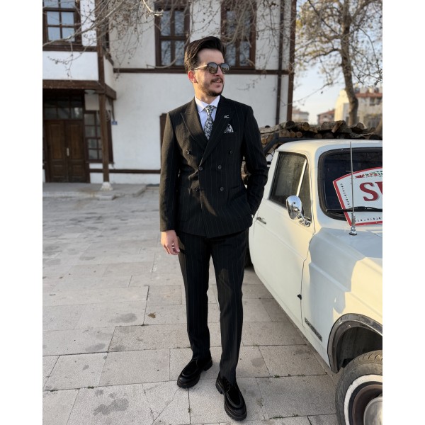 Erkek Modern Çizgili Gofre Kumaş Kruvaze Takım Elbise 