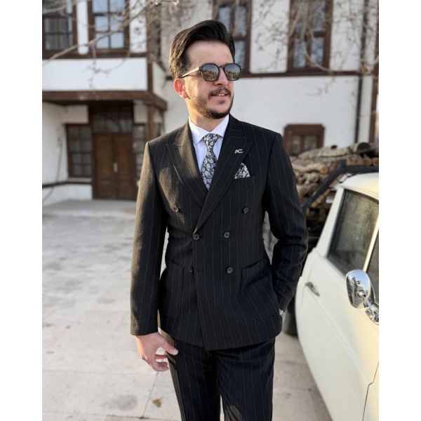 Erkek Modern Çizgili Gofre Kumaş Kruvaze Takım Elbise 