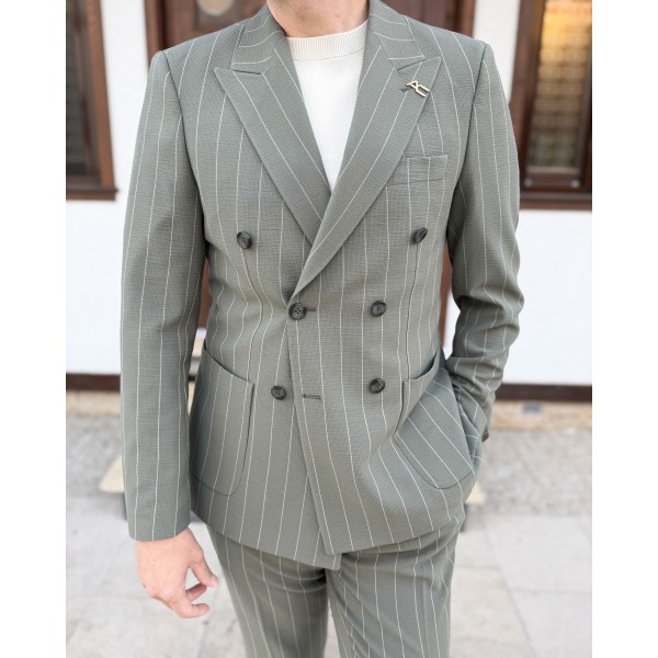 Erkek Modern Çizgili Gofre Kumaş Kruvaze Takım Elbise 