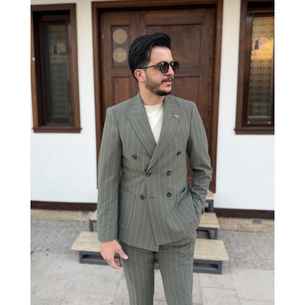 Erkek Modern Çizgili Gofre Kumaş Kruvaze Takım Elbise 