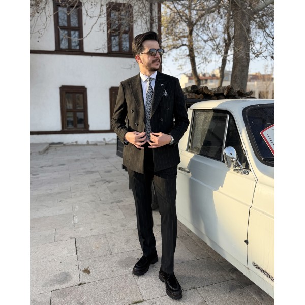 Erkek Modern Çizgili Gofre Kumaş Kruvaze Takım Elbise 