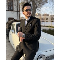 Erkek Modern Çizgili Gofre Kumaş Kruvaze Takım Elbise 