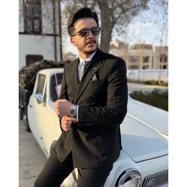 Erkek Modern Çizgili Gofre Kumaş Kruvaze Takım ...