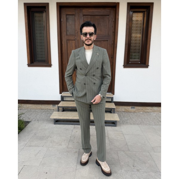 Erkek Modern Çizgili Gofre Kumaş Kruvaze Takım Elbise 