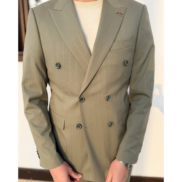 Erkek Premium Soft Olive Silik Çizgili Kruvaze Takım Elbise