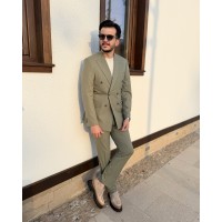 Erkek Premium Soft Olive Silik Çizgili Kruvaze Takım Elbise