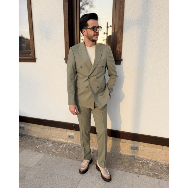 Erkek Premium Soft Olive Silik Çizgili Kruvaze Takım Elbise