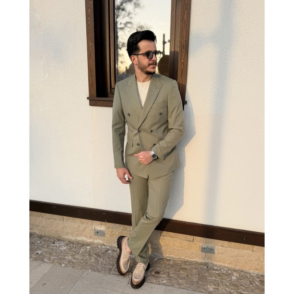 Erkek Premium Soft Olive Silik Çizgili Kruvaze Takım Elbise