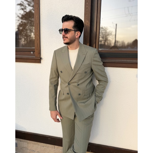 Erkek Premium Soft Olive Silik Çizgili Kruvaze Takım Elbise