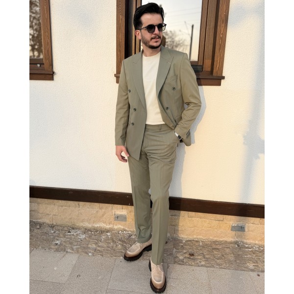 Erkek Premium Soft Olive Silik Çizgili Kruvaze Takım Elbise
