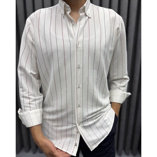 Erkek Gofre Kumaş Slim Fit Nakış Çizgili Gömlek