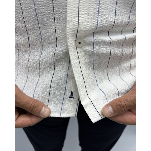 Erkek Gofre Kumaş Slim Fit Nakış Çizgili Gömlek