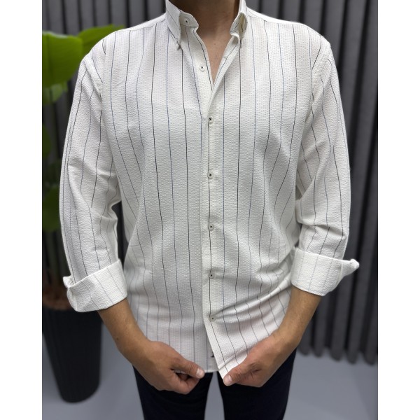 Erkek Gofre Kumaş Slim Fit Nakış Çizgili Gömlek