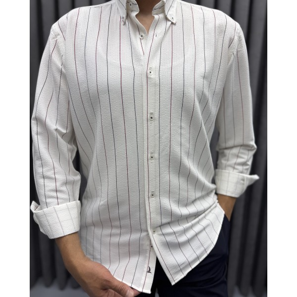 Erkek Gofre Kumaş Slim Fit Nakış Çizgili Gömlek