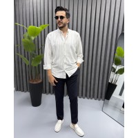 Erkek Gofre Kumaş Slim Fit Nakış Çizgili Gömlek