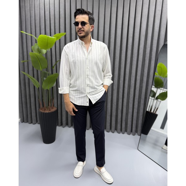 Erkek Gofre Kumaş Slim Fit Nakış Çizgili Göml...