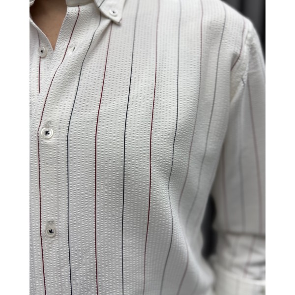 Erkek Gofre Kumaş Slim Fit Nakış Çizgili Gömlek