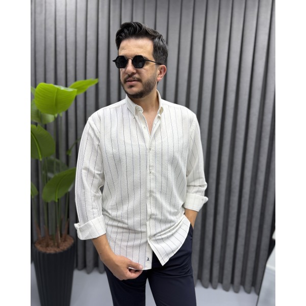 Erkek Gofre Kumaş Slim Fit Nakış Çizgili Gömlek