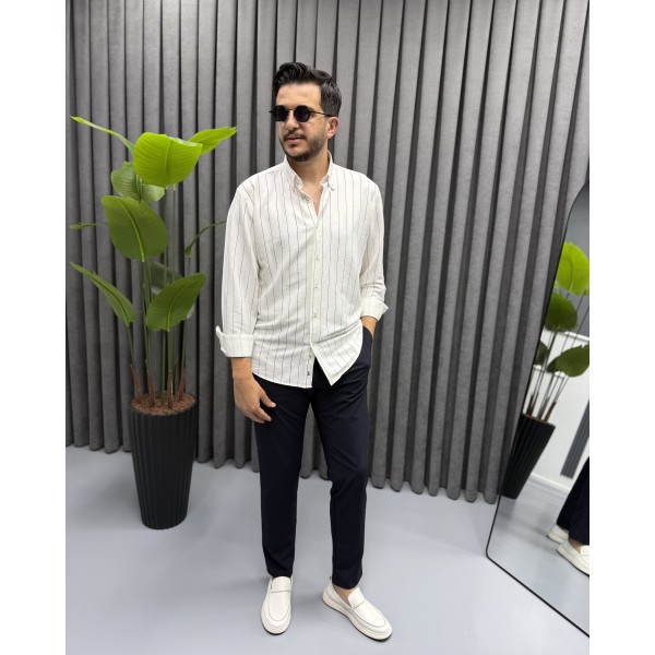 Erkek Gofre Kumaş Slim Fit Nakış Çizgili Gömlek