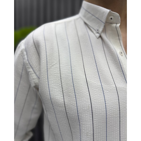 Erkek Gofre Kumaş Slim Fit Nakış Çizgili Gömlek
