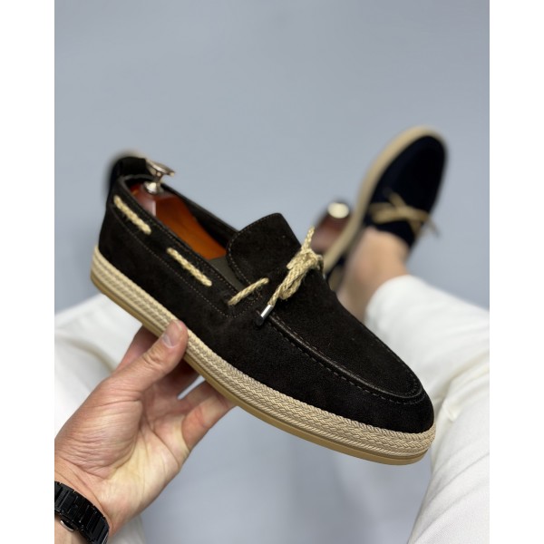 Erkek Hasır Taban Bağcık Detaylı Espadril Model Süet Loafer Ayakkabı 