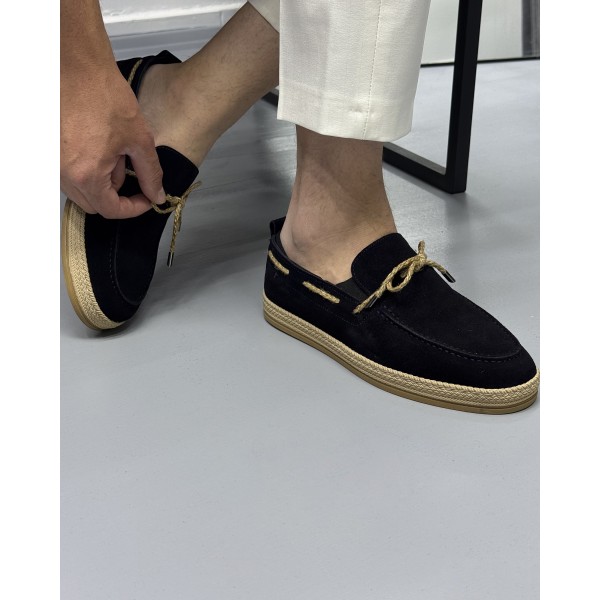 Erkek Hasır Taban Bağcık Detaylı Espadril Model Süet Loafer Ayakkabı 