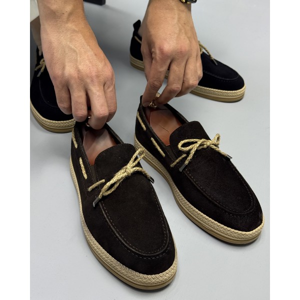Erkek Hasır Taban Bağcık Detaylı Espadril Model Süet Loafer Ayakkabı 