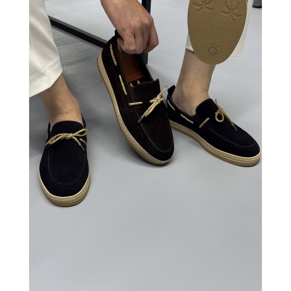 Erkek Hasır Taban Bağcık Detaylı Espadril Model Süet Loafer Ayakkabı 