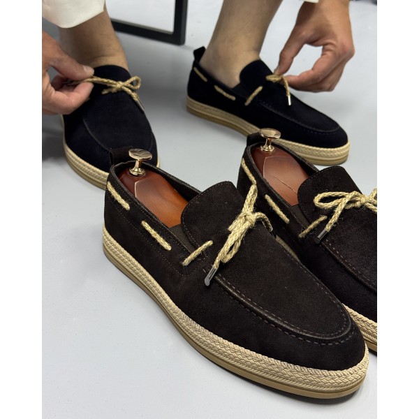 Erkek Hasır Taban Bağcık Detaylı Espadril Model Süet Loafer Ayakkabı 